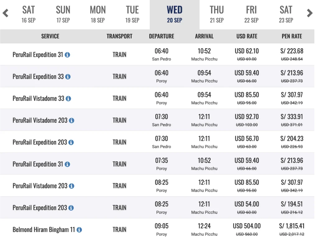 Machu Picchu Train Schedules