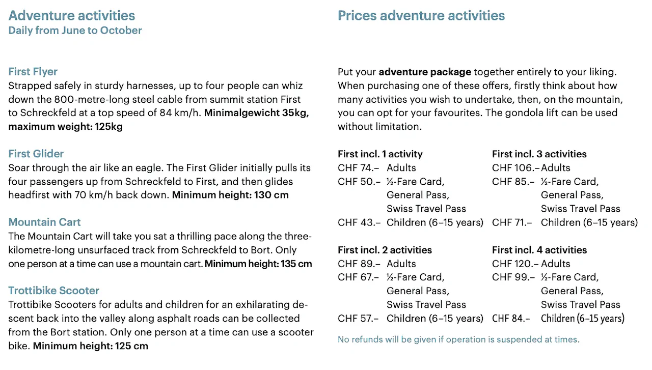 First Activities Price List