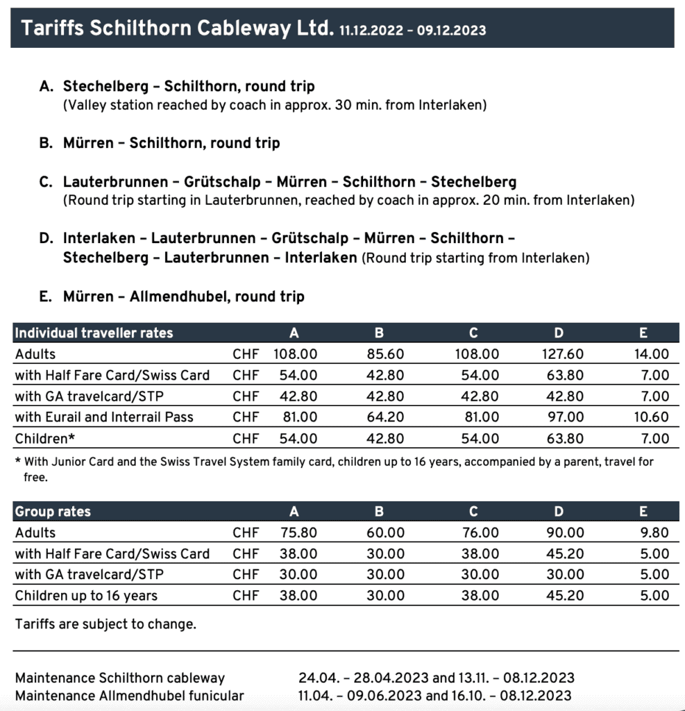Schilthorn Prices 2023