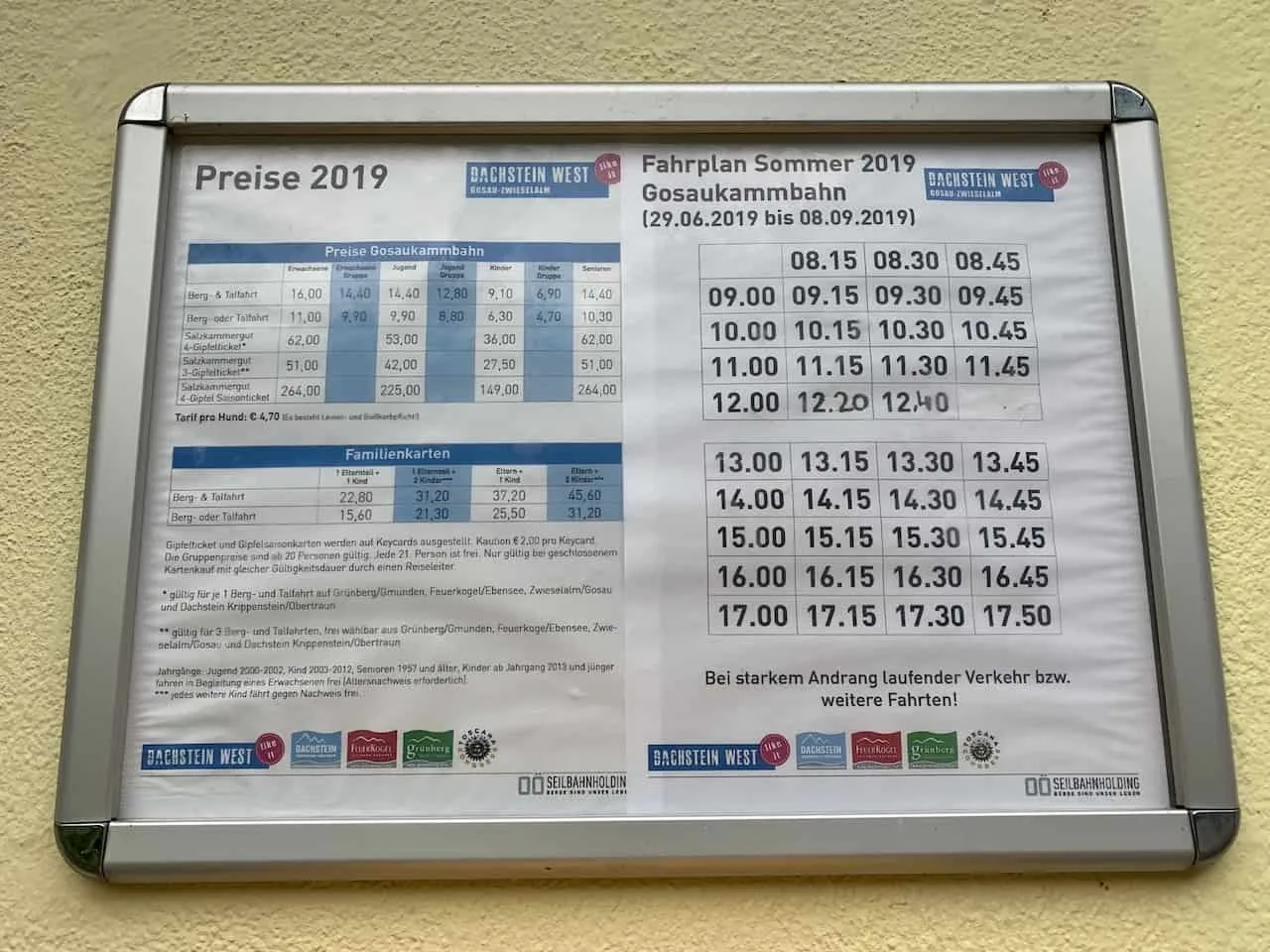 Gosaukammbahn Price List