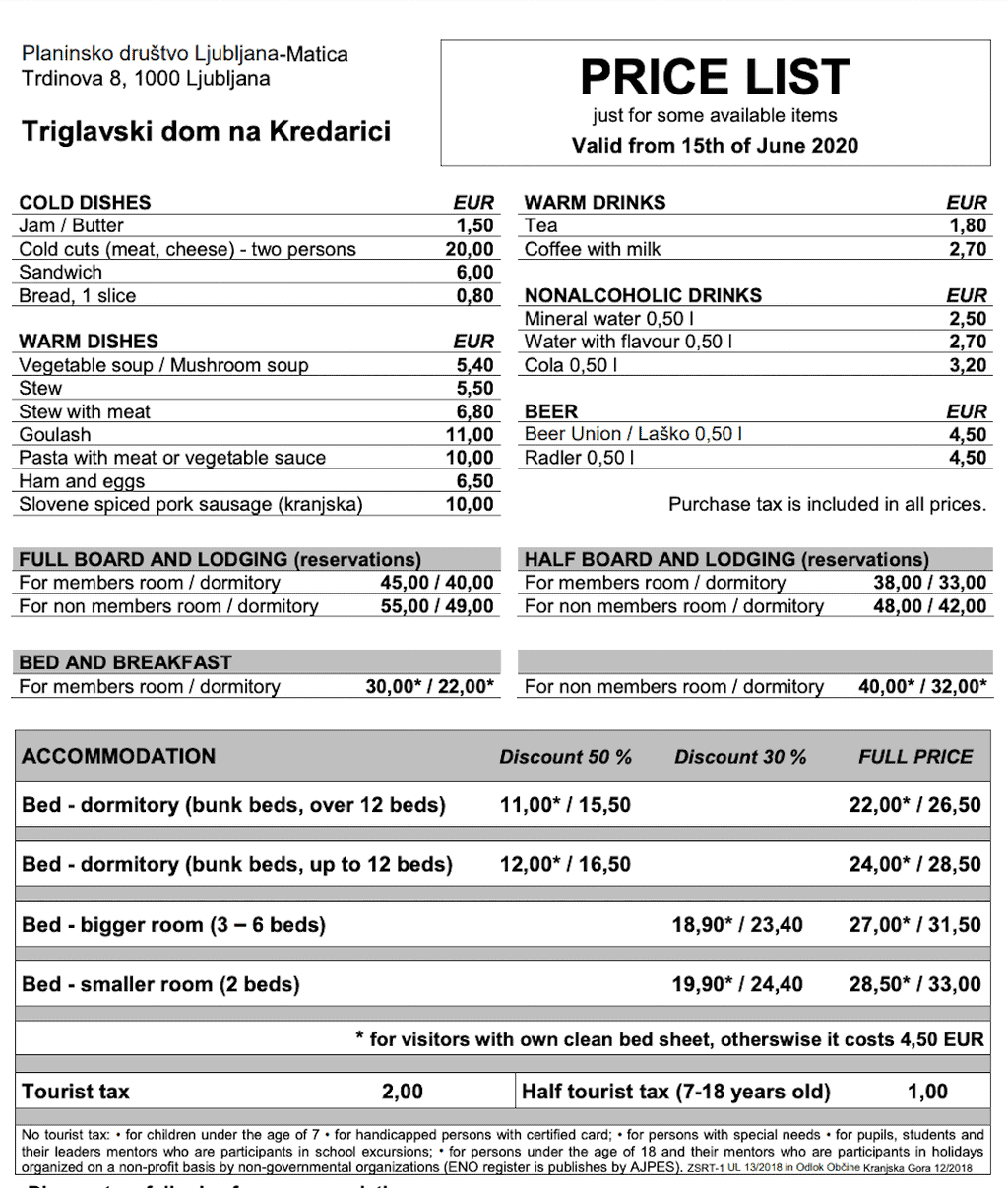 Kredarica Hut Pricing List