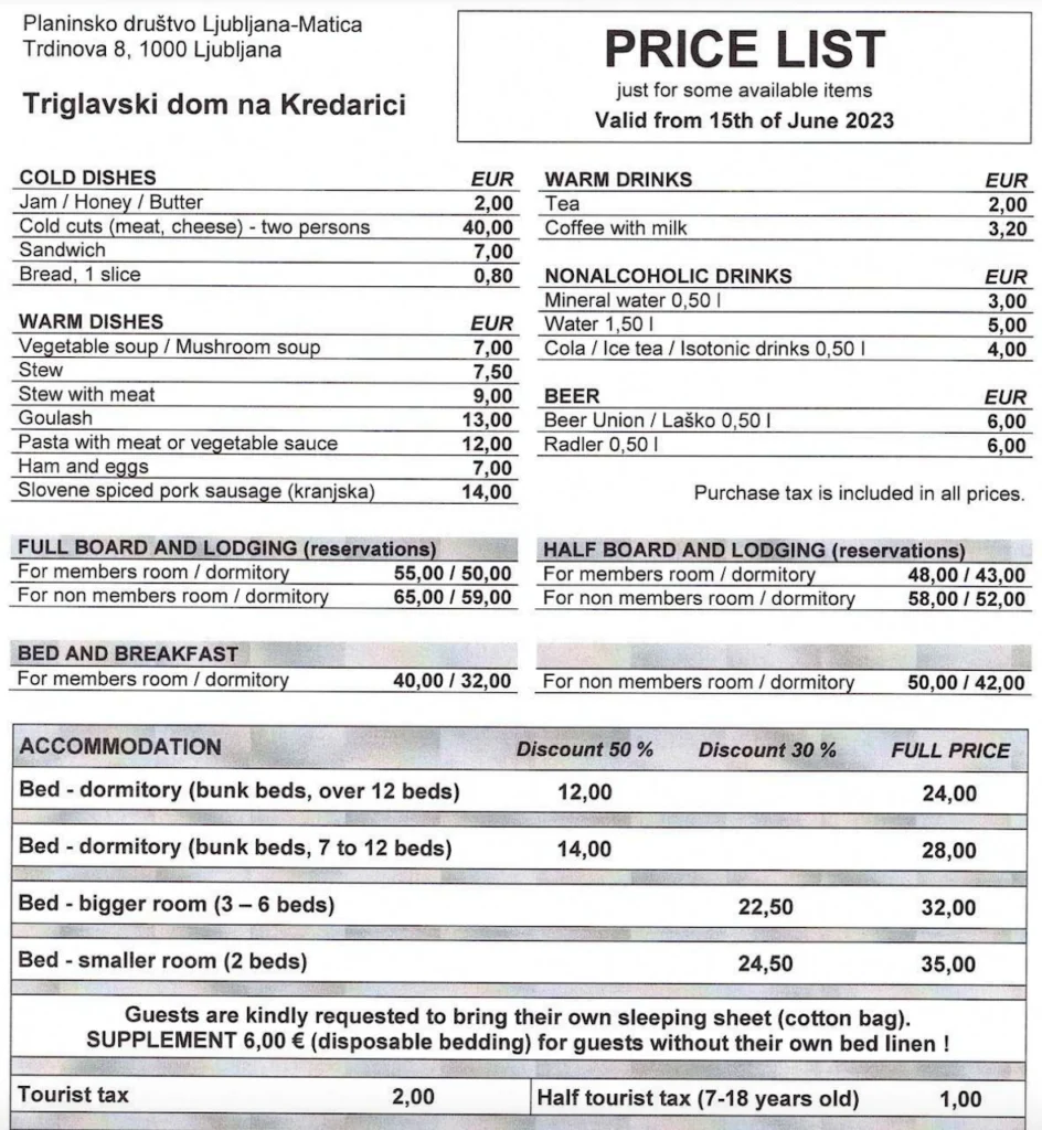 Kredarica Hut 2023 Price List
