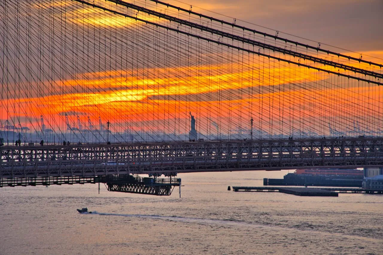Brooklyn Bridge Statue of Liberty Sunset View