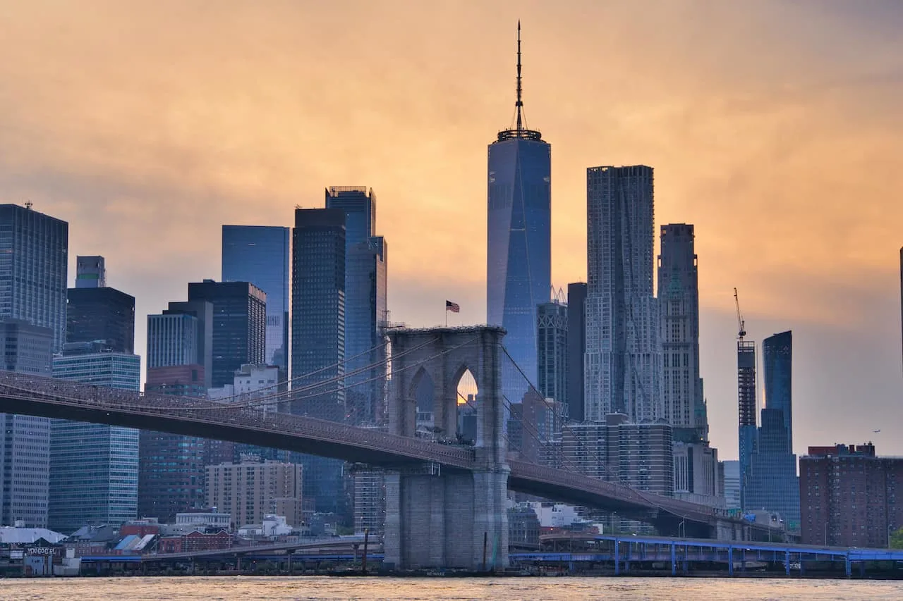 Brooklyn Bridge Sunset Downtown Manhattan