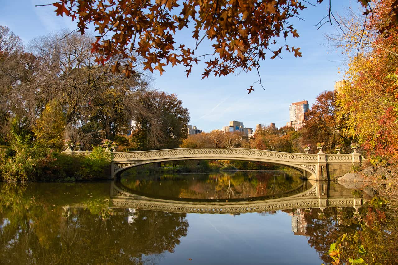 View of Bow Bridge on Central Park Lake