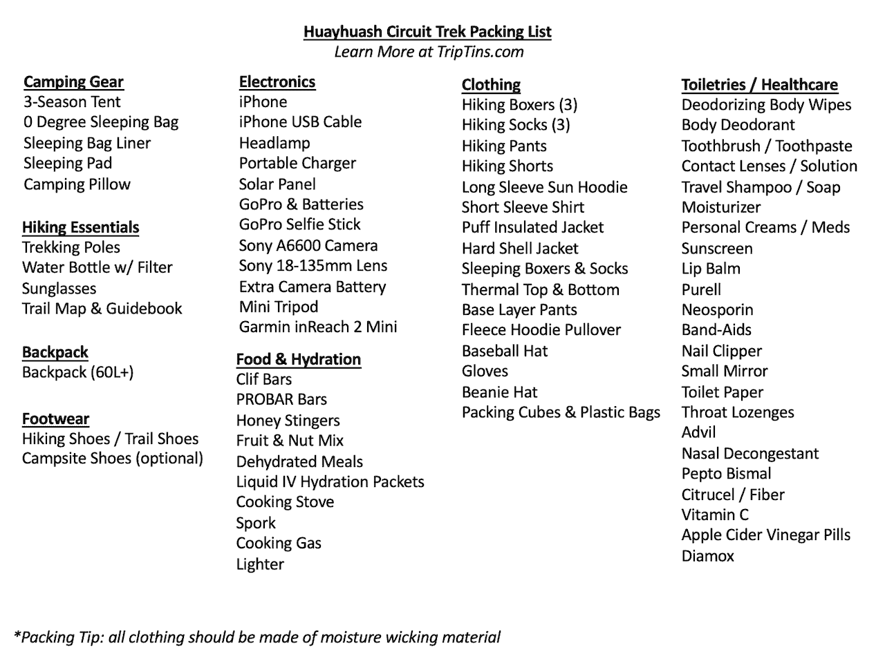 Cordillera Huayhuash Packing List