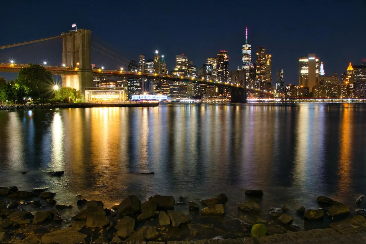 East River Brooklyn Bridge at Night