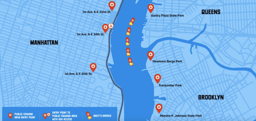 4th of July Fireworks Map NYC